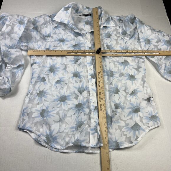 Boston Proper Floral Blouse Puff Sleeve Button Down Romantic Top Cottagecore L - Picture 6 of 12